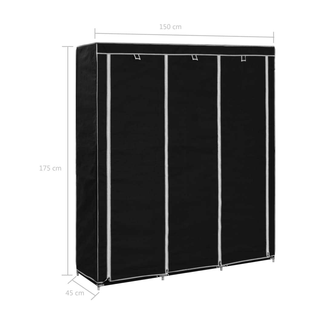 Wardrobe with compartments rods black 150x45x175cm fabric