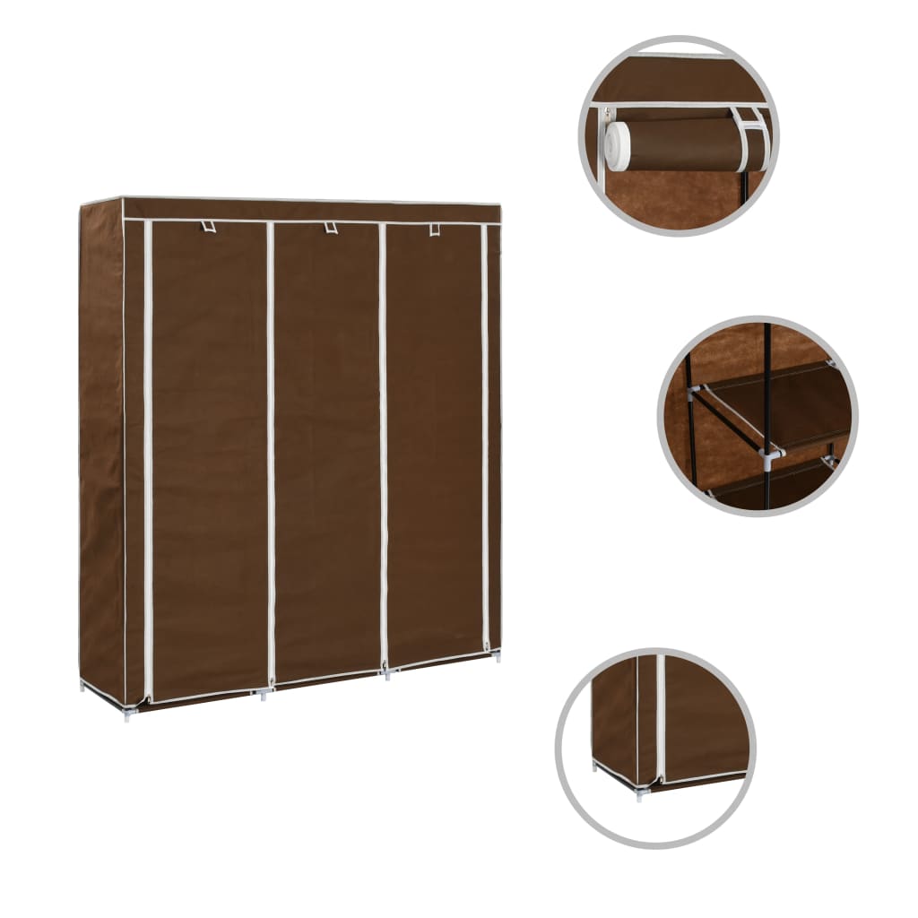 Wardrobe with compartments and rods brown 150x45x175cm fabric