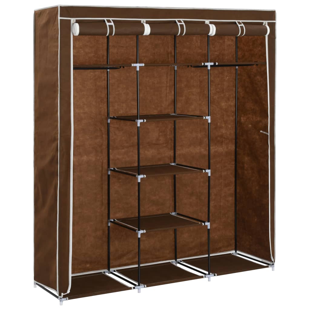 Wardrobe with compartments and rods brown 150x45x175cm fabric