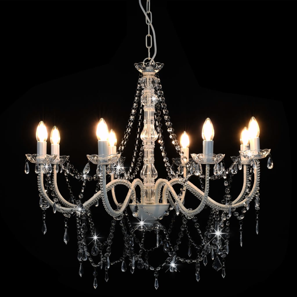 Lustre avec perles blanches 8 douilles E14