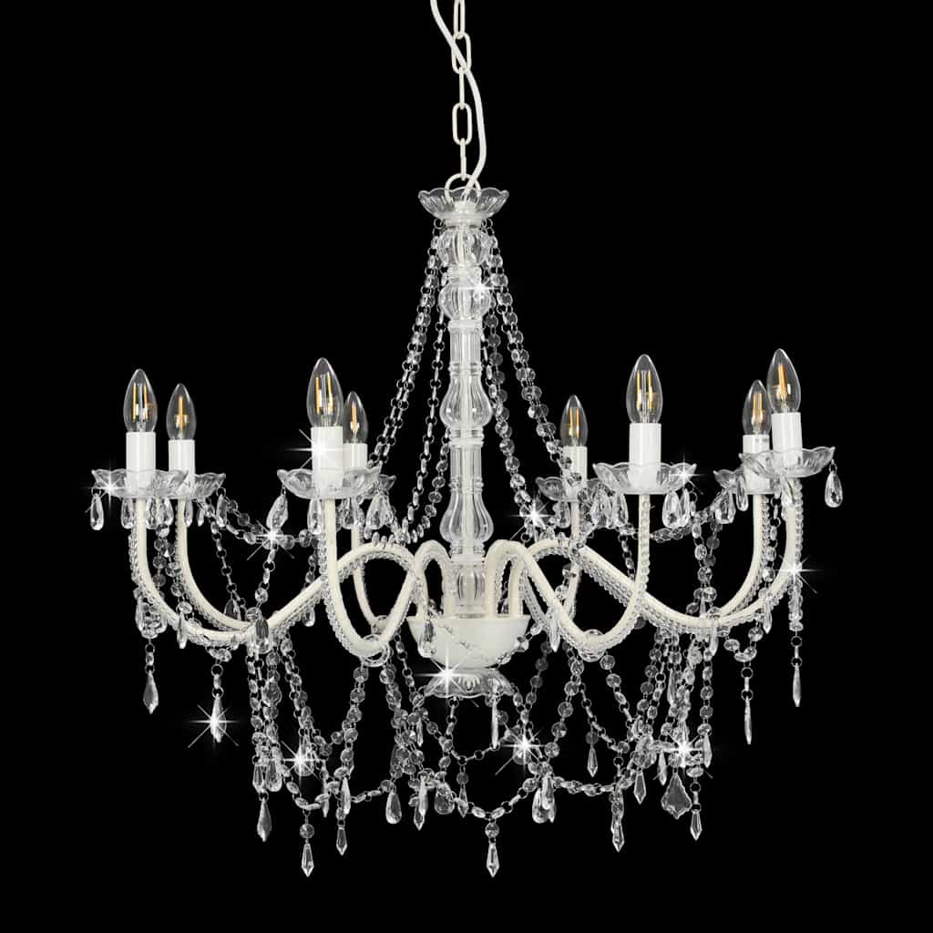 Lustre avec perles blanches 8 douilles E14