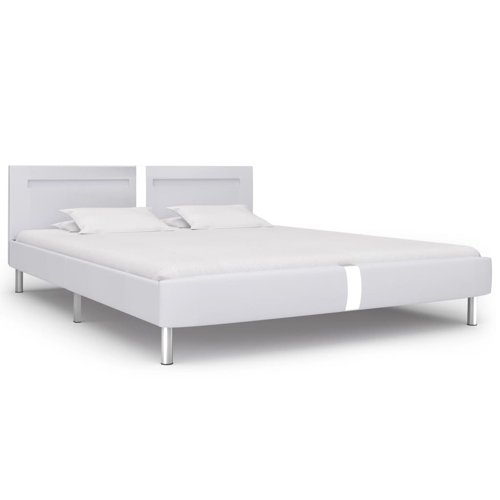 Bed frame with LED white faux leather 180×200 cm