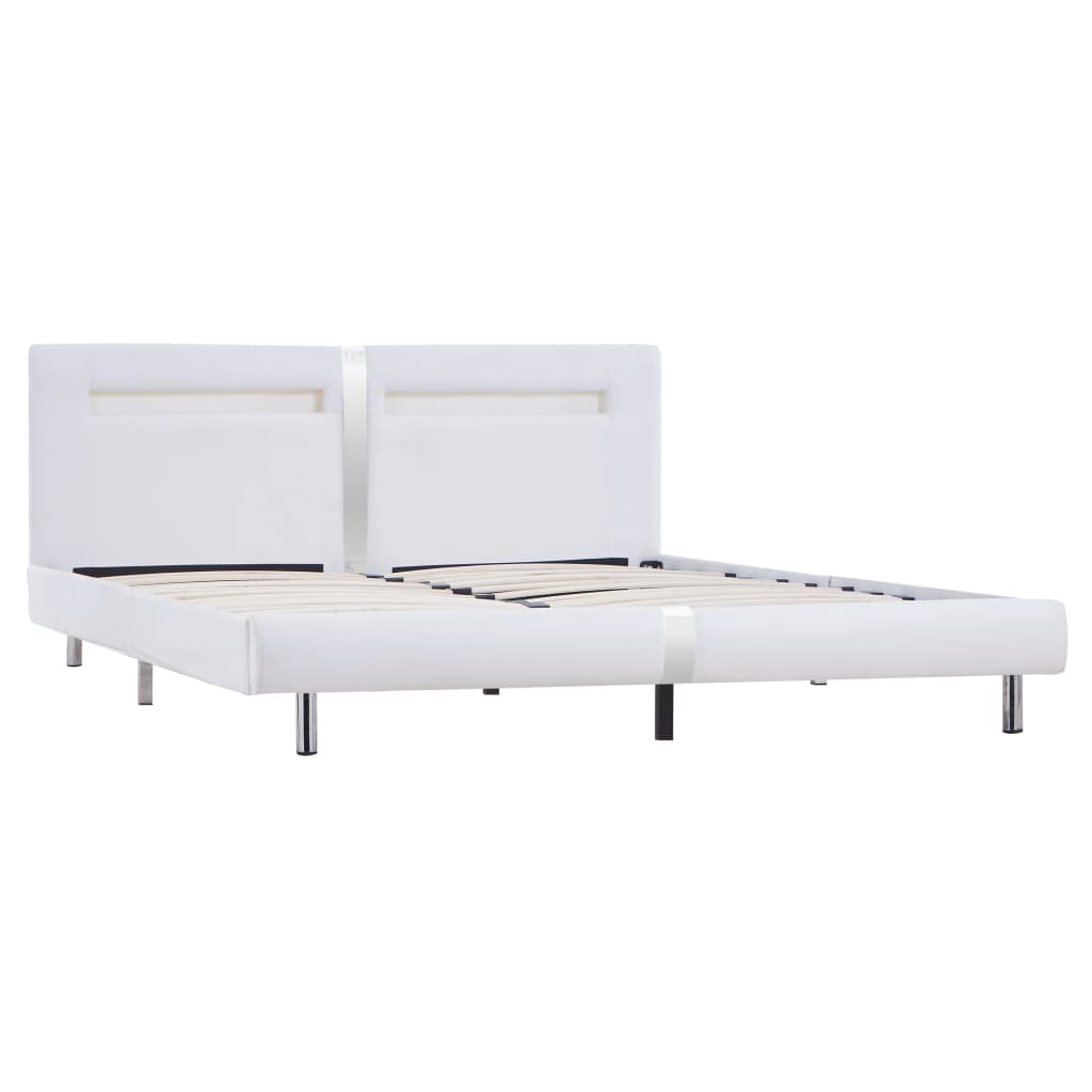 Bed frame with LED white faux leather 180×200 cm