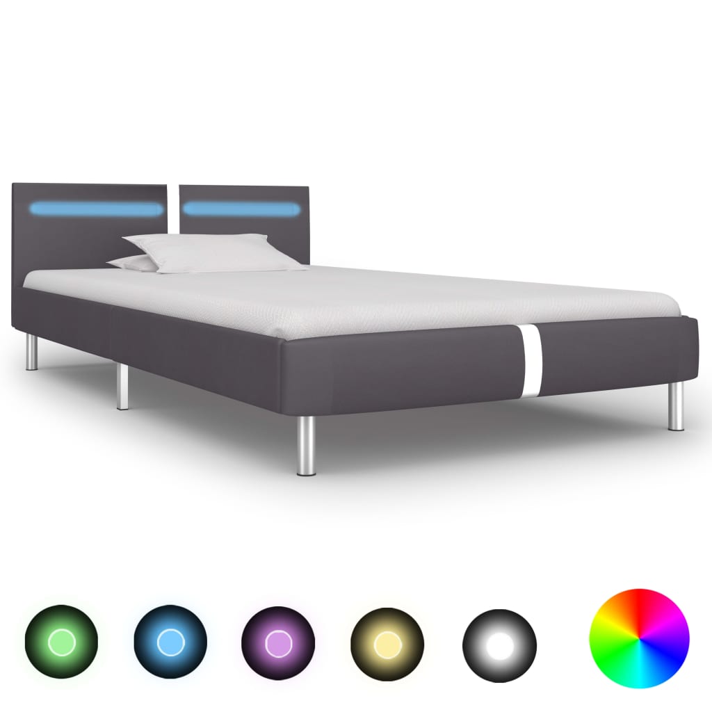 Bed frame with LED grey faux leather 90x200 cm