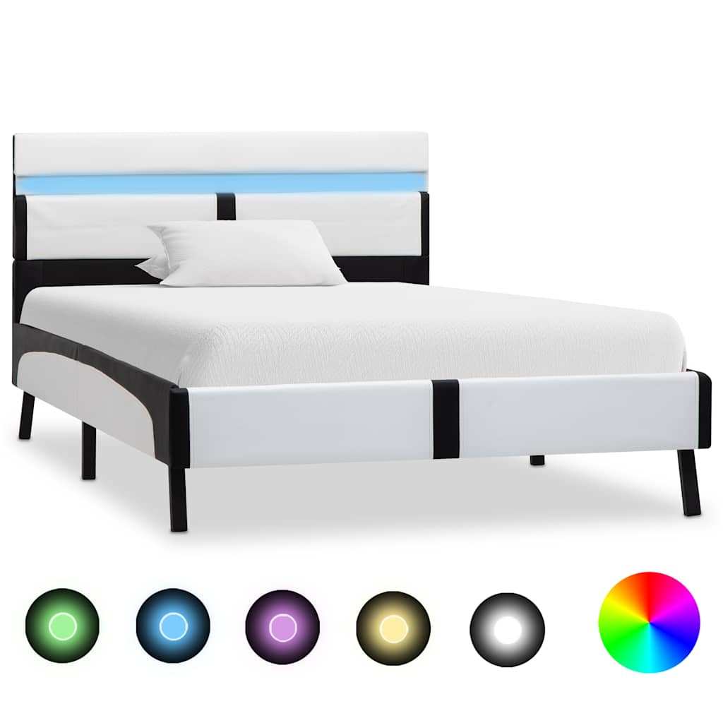 Bettgestell mit LED Weiß und Schwarz Kunstleder 90×200 cm