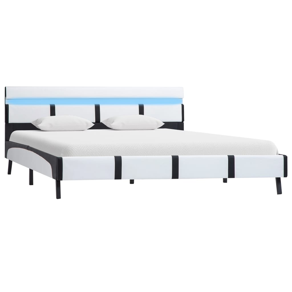 Bed frame with LED white faux leather 140x200 cm