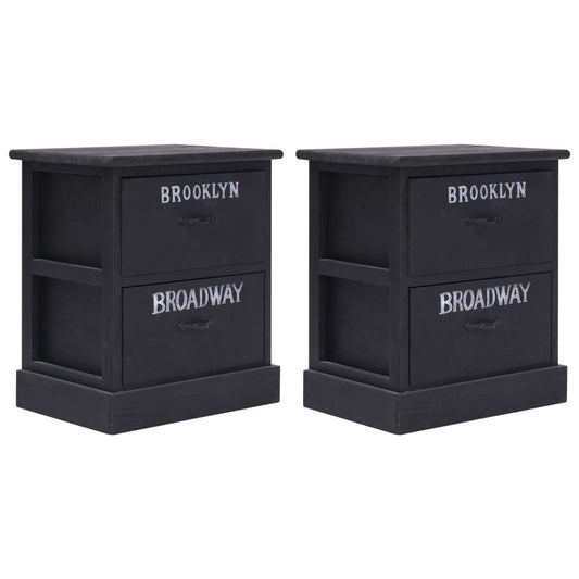 Tables de chevet, lot de 2, noires, 38 x 28 x 45 cm, bois de paulownia