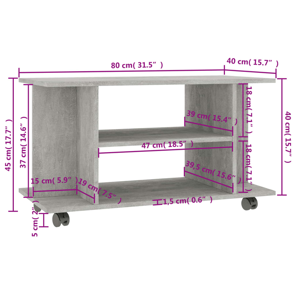 Meuble TV à roulettes gris béton 80x40x45 cm en bois