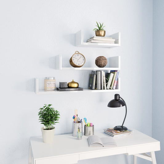 Wall shelf 3 pcs. High gloss white wood material