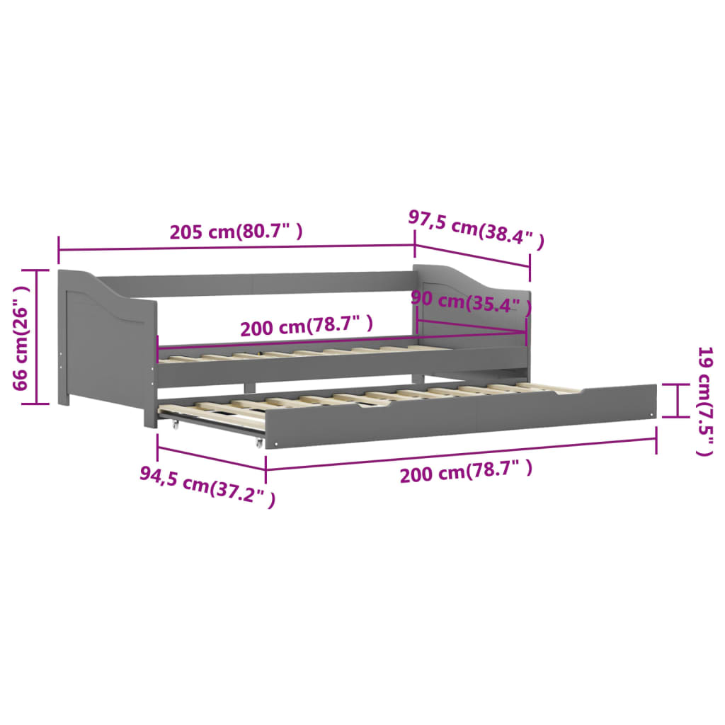 Ausziehsofa Bettgestell Grau Kiefernholz 90×200 cm