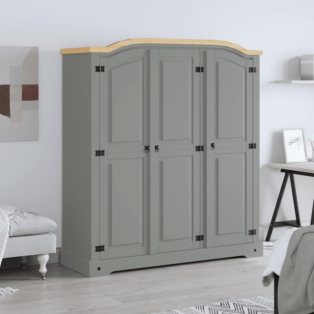 Kleiderschrank Mexiko-Stil Kiefernholz 3 Türen Grau