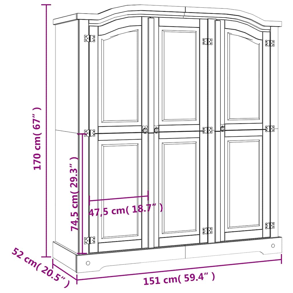 Wardrobe Mexican style pinewood 3 doors grey