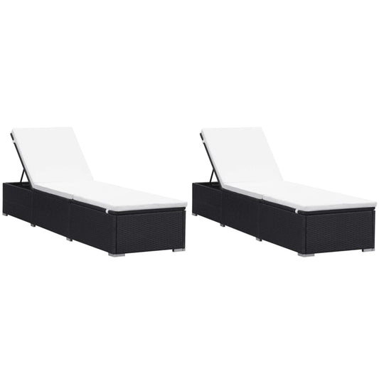 Chaises longues avec coussins, 2 pièces, polyrotin, noir