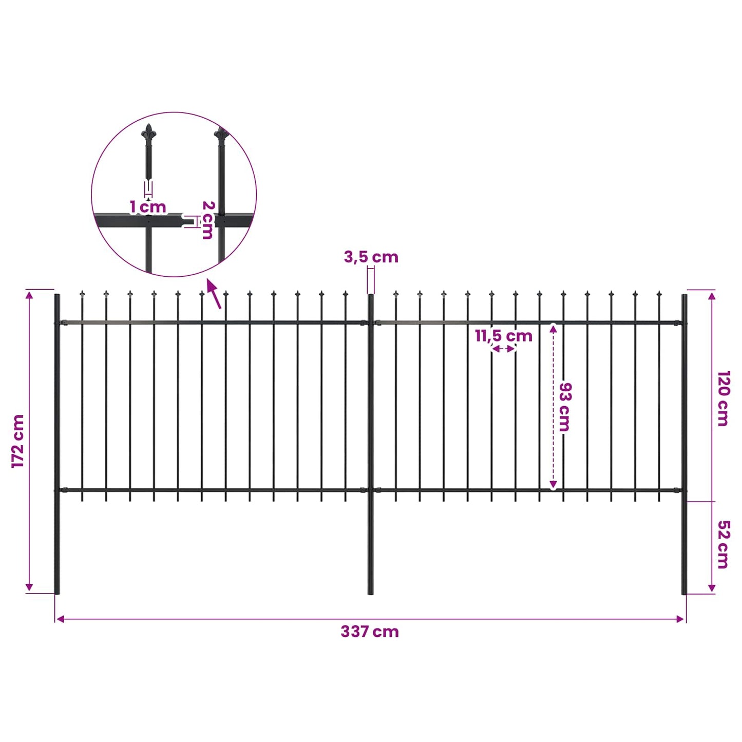 Gartenzaun mit Speerspitze Stahl 337 x 120 cm Schwarz