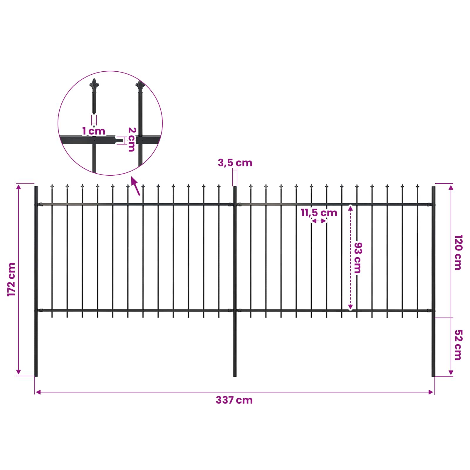Gartenzaun mit Speerspitze Stahl 337 x 120 cm Schwarz