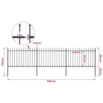 Gartenzaun mit Speerspitze Stahl 504 x 120 cm Schwarz