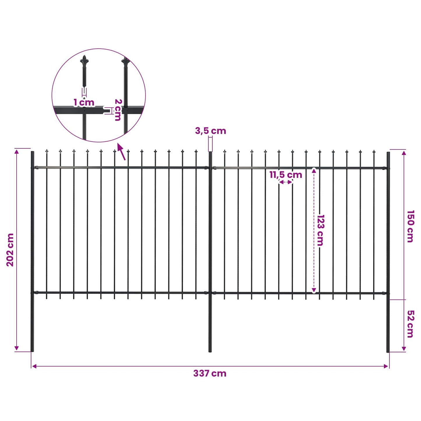 Gartenzaun mit Speerspitze Stahl 337 x 150 cm Schwarz