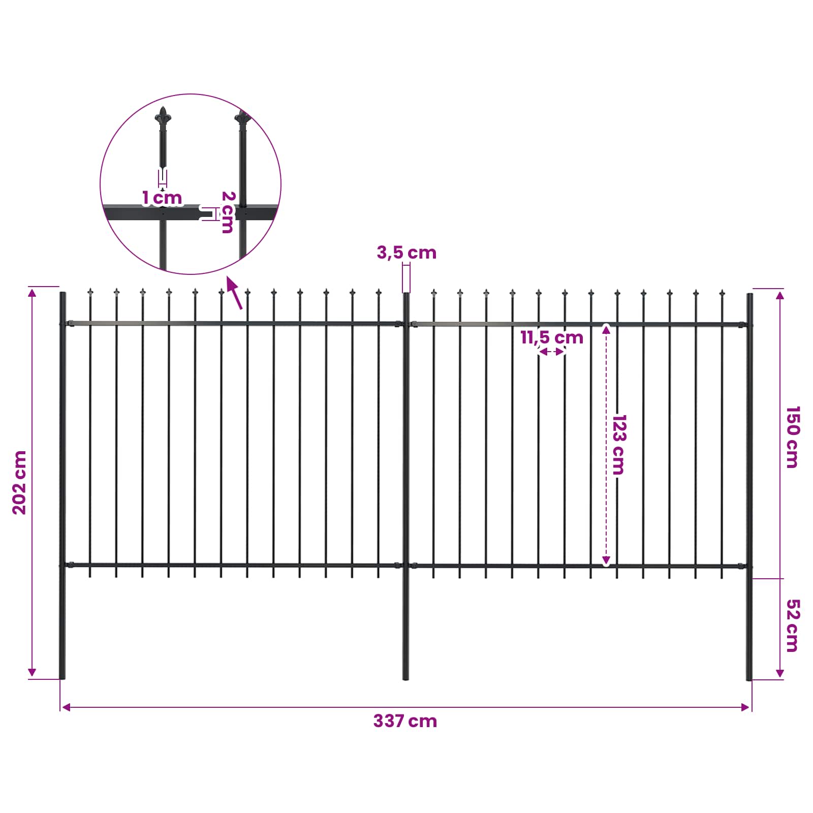 Gartenzaun mit Speerspitze Stahl 337 x 150 cm Schwarz