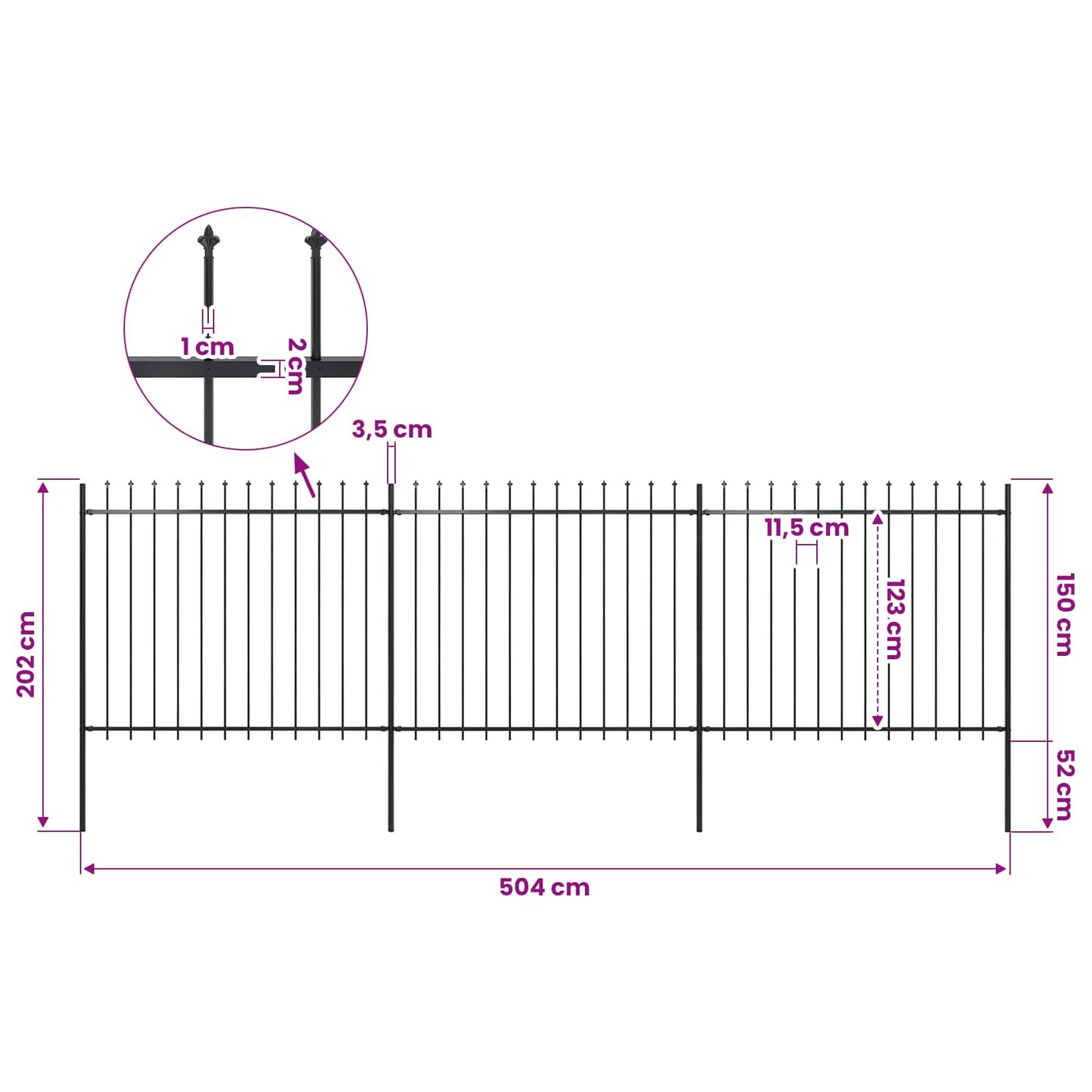 Gartenzaun mit Speerspitze Stahl 504 x 150 cm Schwarz