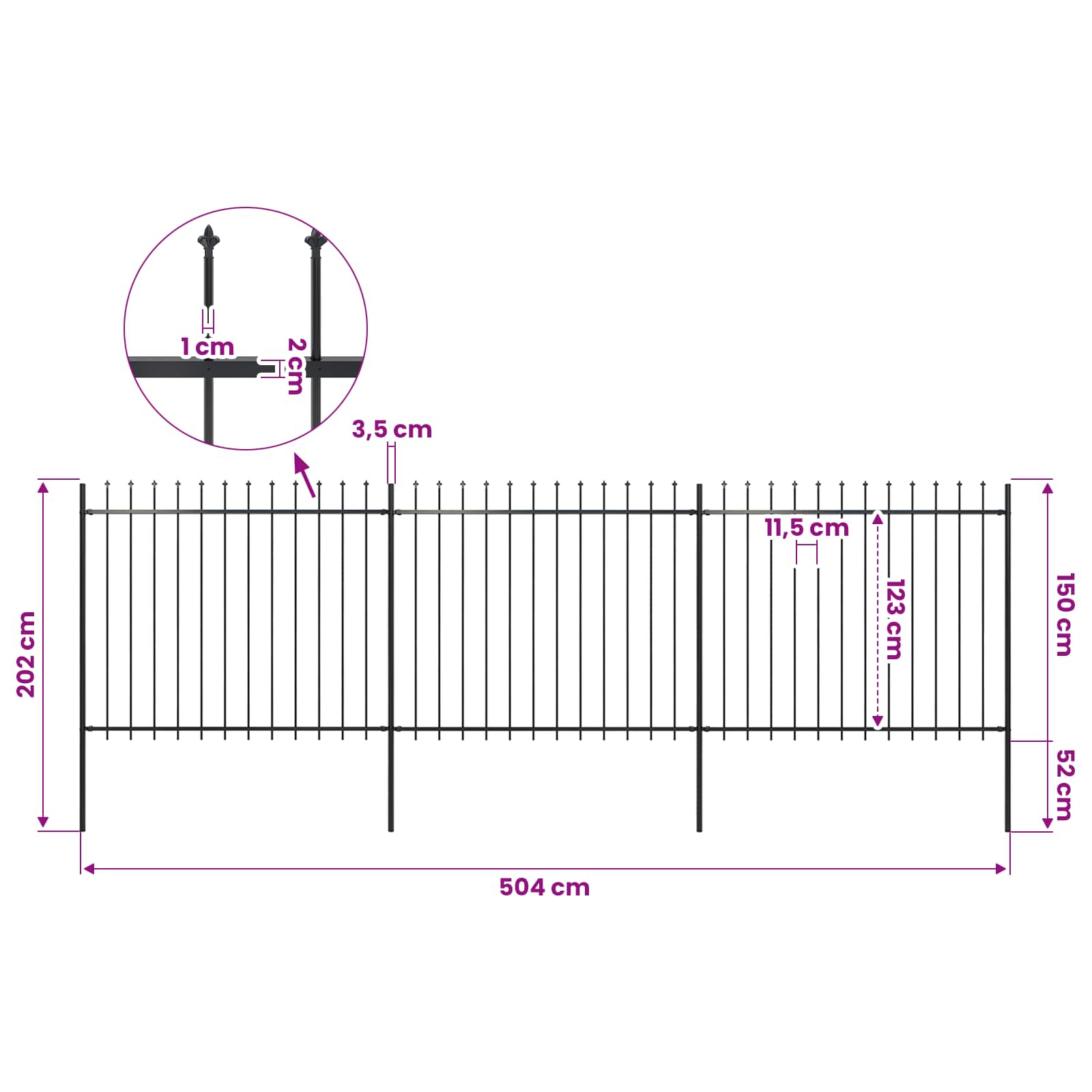 Gartenzaun mit Speerspitze Stahl 504 x 150 cm Schwarz
