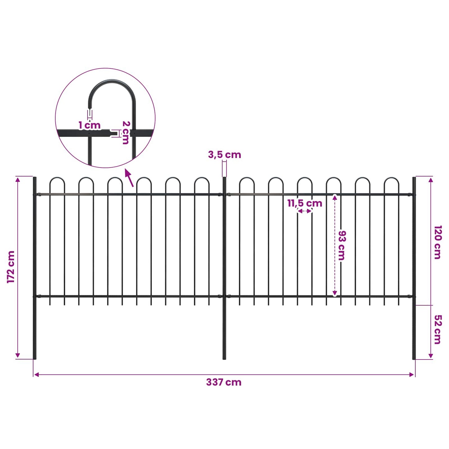 Gartenzaun mit Rundbogen Stahl 337 x 120 cm Schwarz