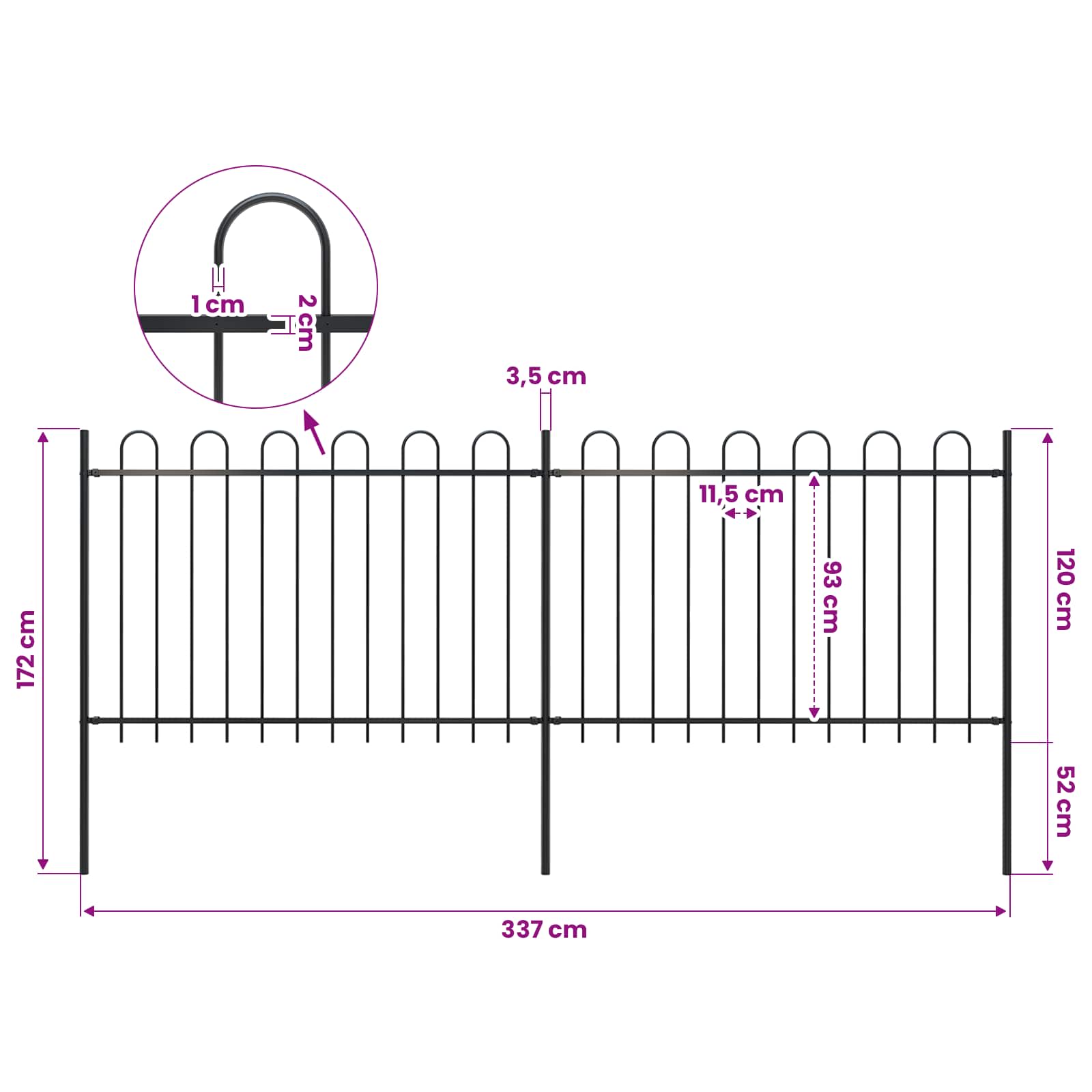 Gartenzaun mit Rundbogen Stahl 337 x 120 cm Schwarz