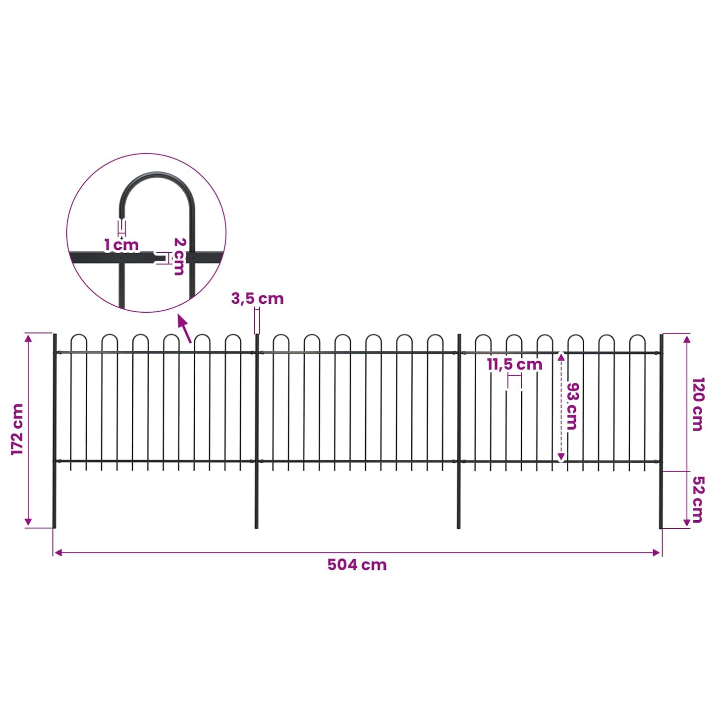 Gartenzaun mit Rundbogen Stahl 504 x 120 cm Schwarz