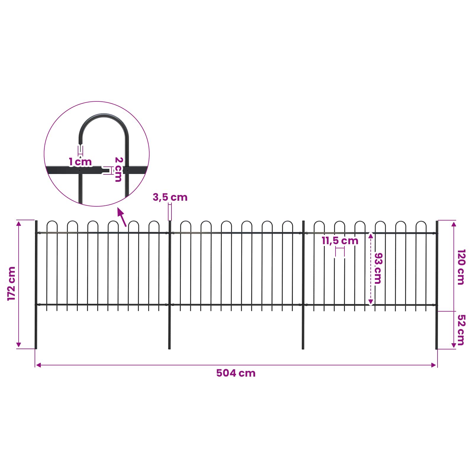 Gartenzaun mit Rundbogen Stahl 504 x 120 cm Schwarz