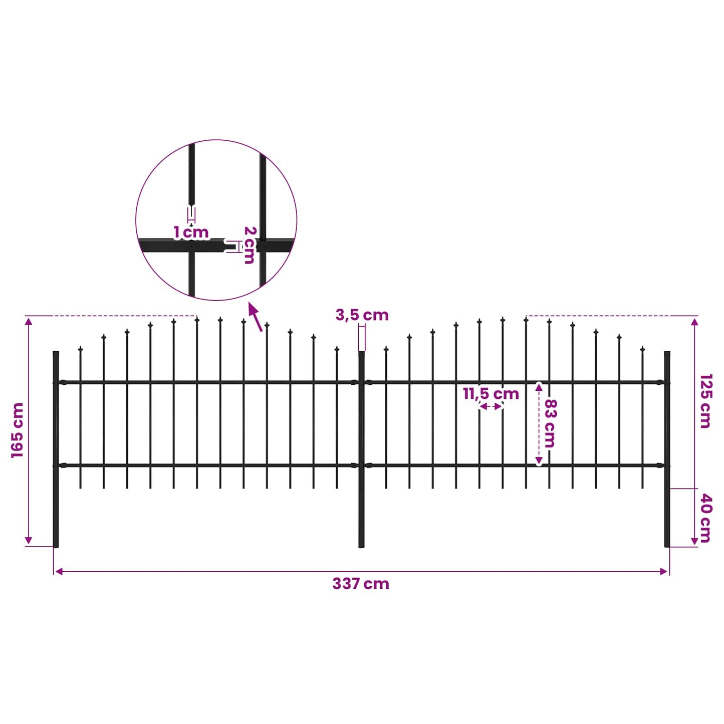 Gartenzaun mit Speerspitze Stahl 337 x 125 cm Schwarz