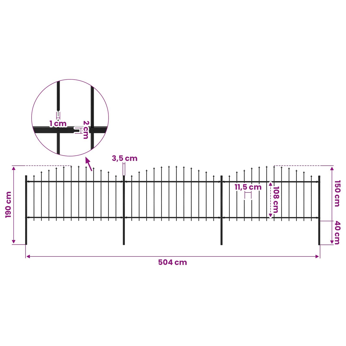 Gartenzaun mit Speerspitze Stahl 504 x 150 cm Schwarz