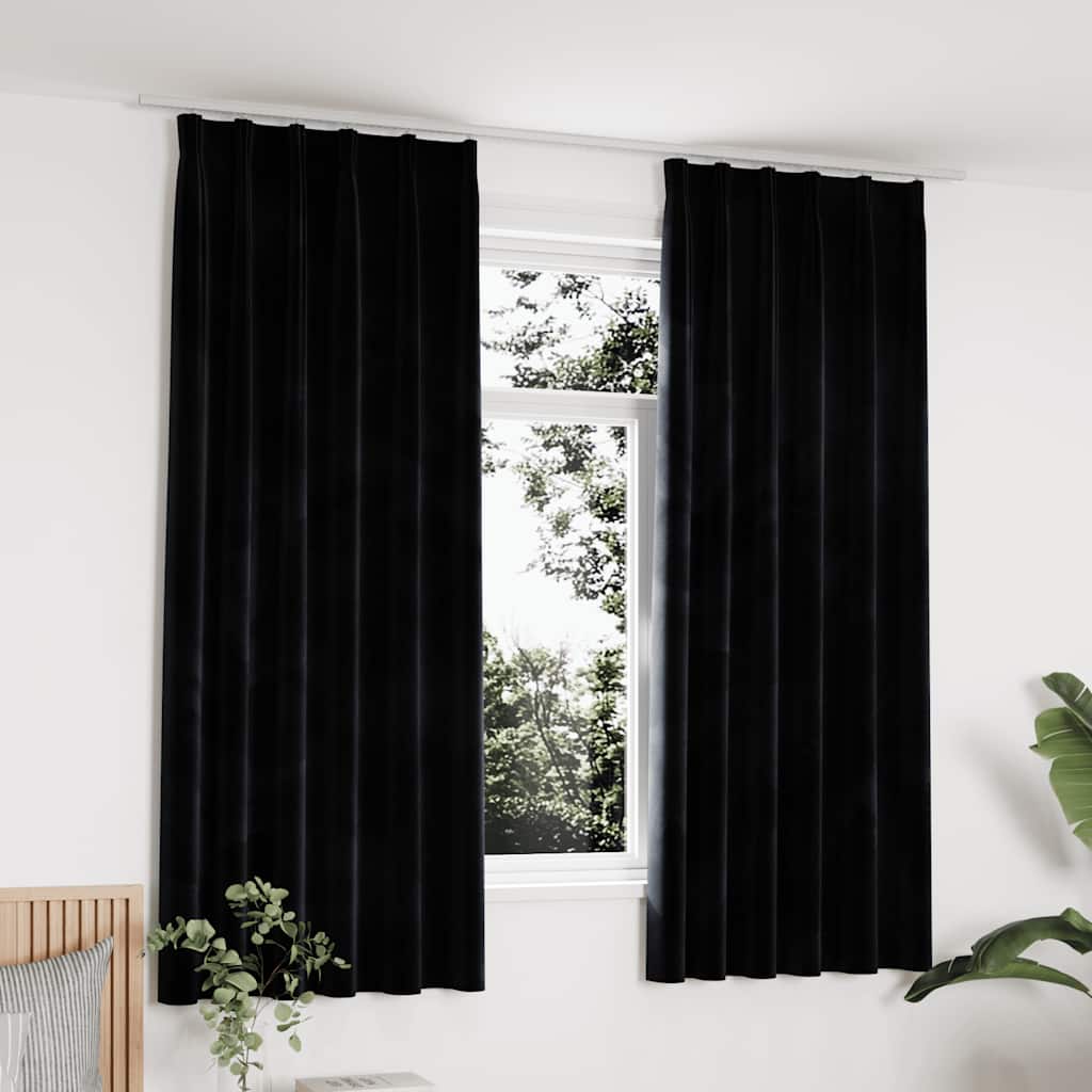 Verdunkelungsvorhänge mit Haken 2 Stk. Samt Schwarz 140x175 cm