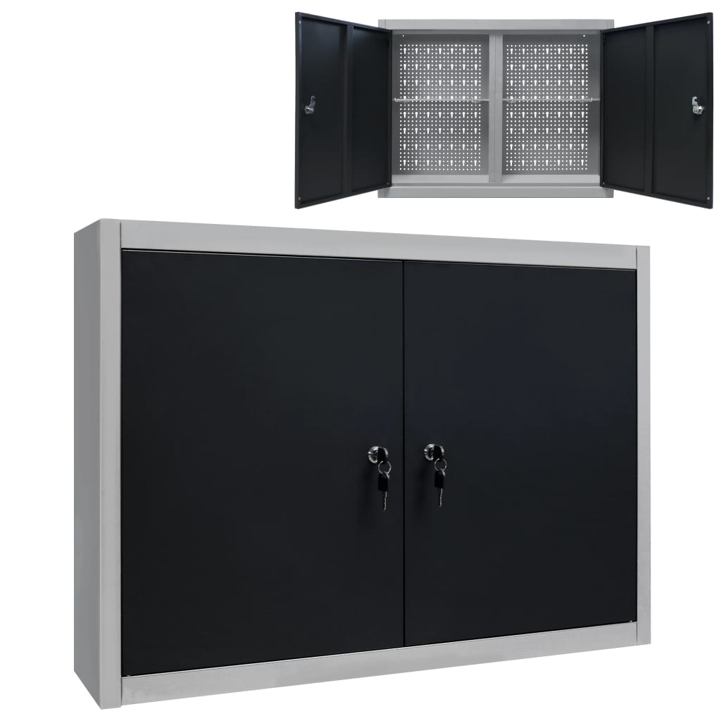 Wall-mounted tool cabinet, industrial style, metal, grey and black