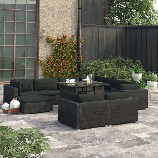 10 pièces. Salon de jardin avec coussins poly rotin noir