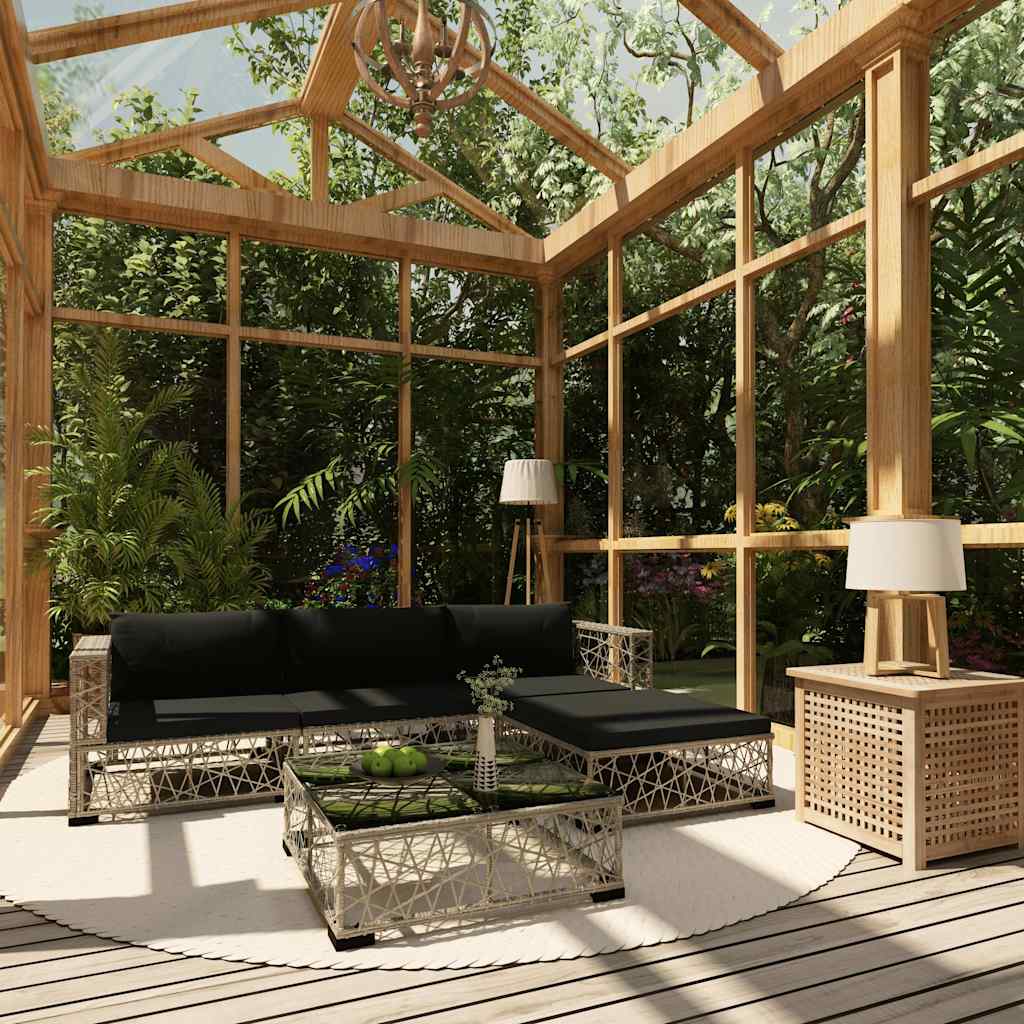 5-tlg. Garten-Lounge-Set mit Kissen Poly Rattan Grau