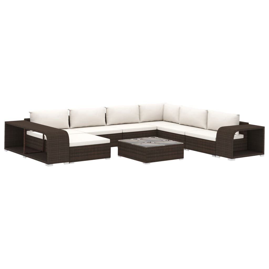 10 pièces. Salon de jardin avec coussins poly rotin marron