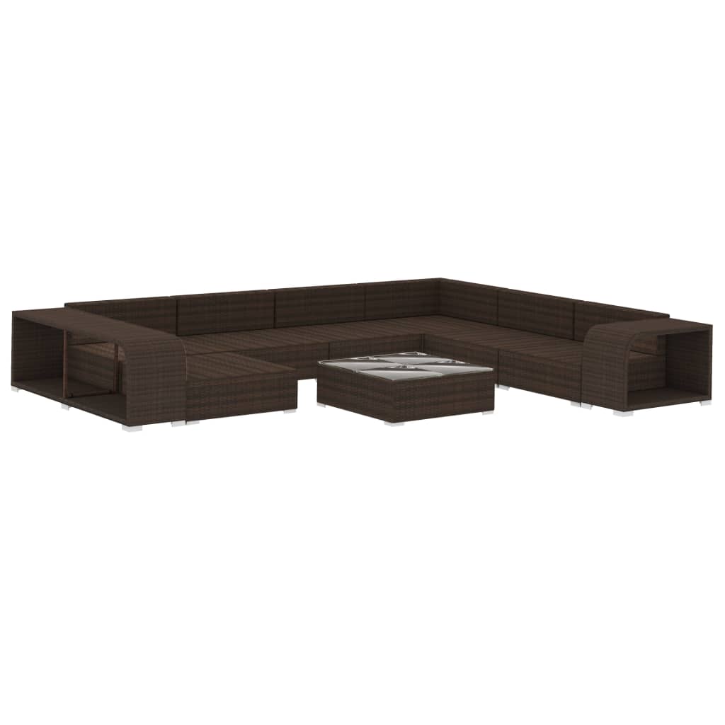 10 pièces. Salon de jardin avec coussins poly rotin marron