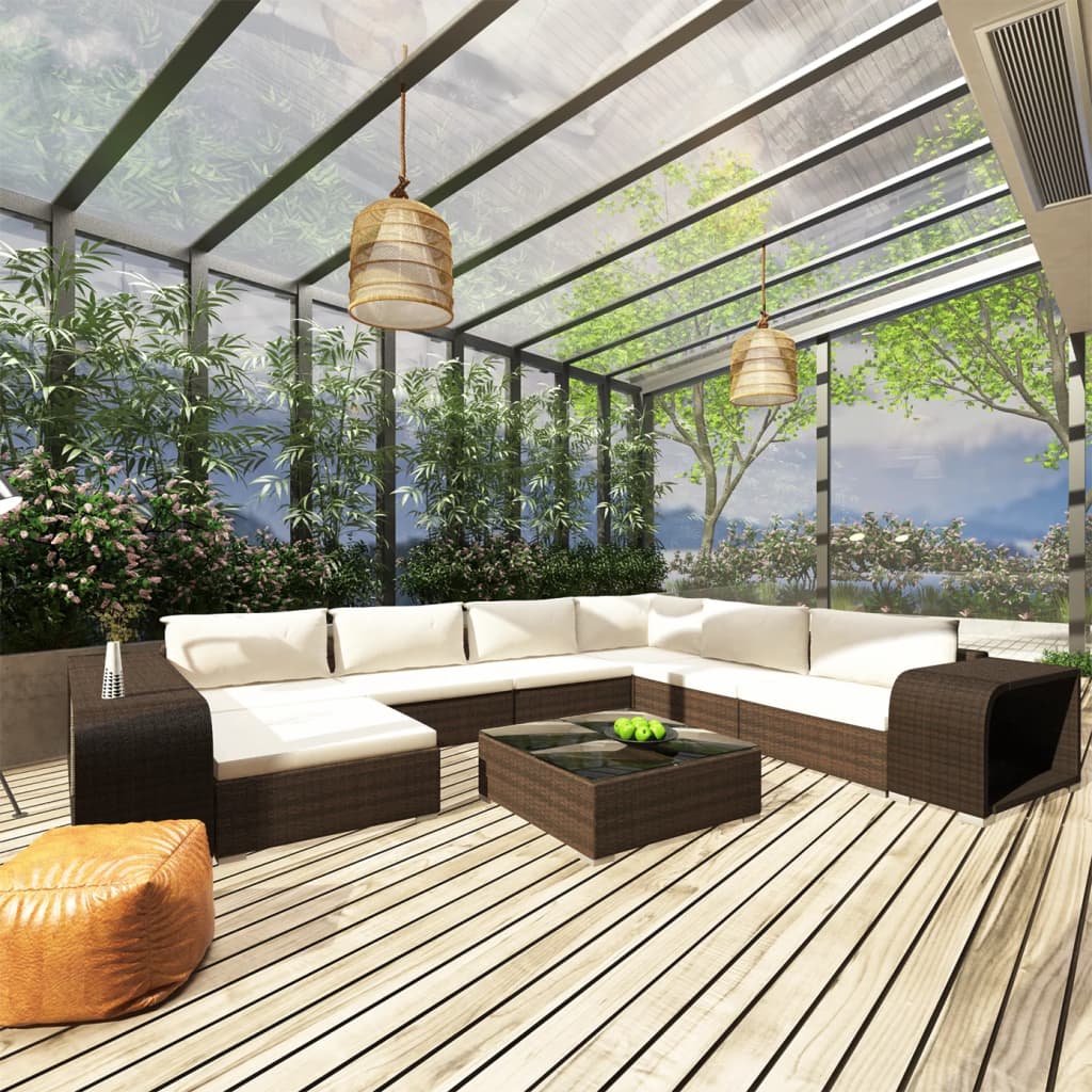 10 pièces. Salon de jardin avec coussins poly rotin marron