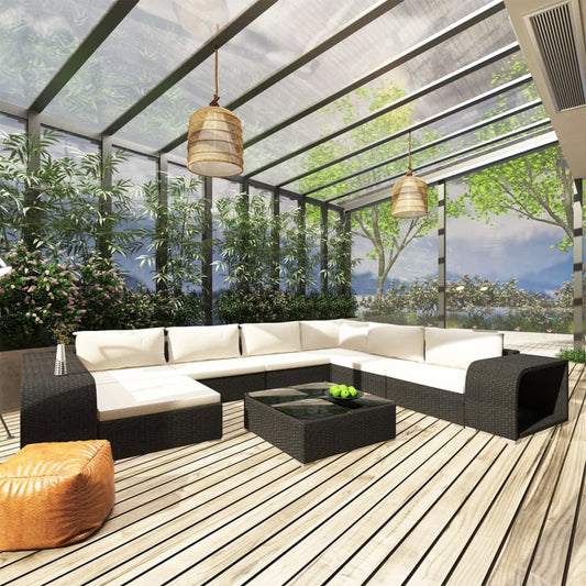 10 pièces. Salon de jardin avec coussins poly rotin noir