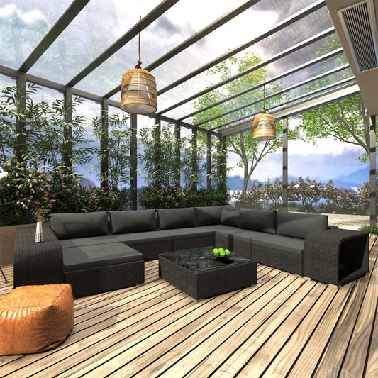 10 pièces. Salon de jardin avec coussins poly rotin noir