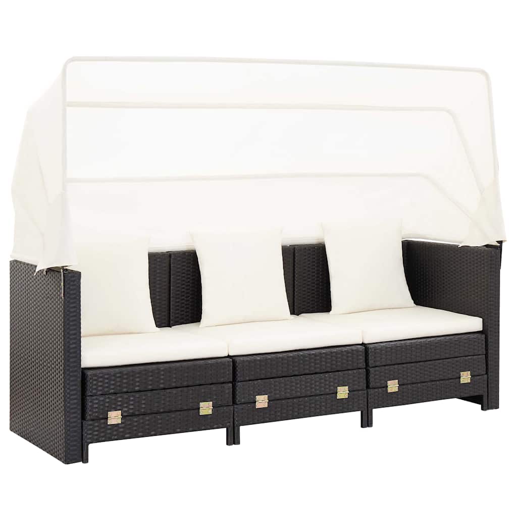 Ausziehbares 3-Sitzer-Schlafsofa mit Dach Poly Rattan Schwarz