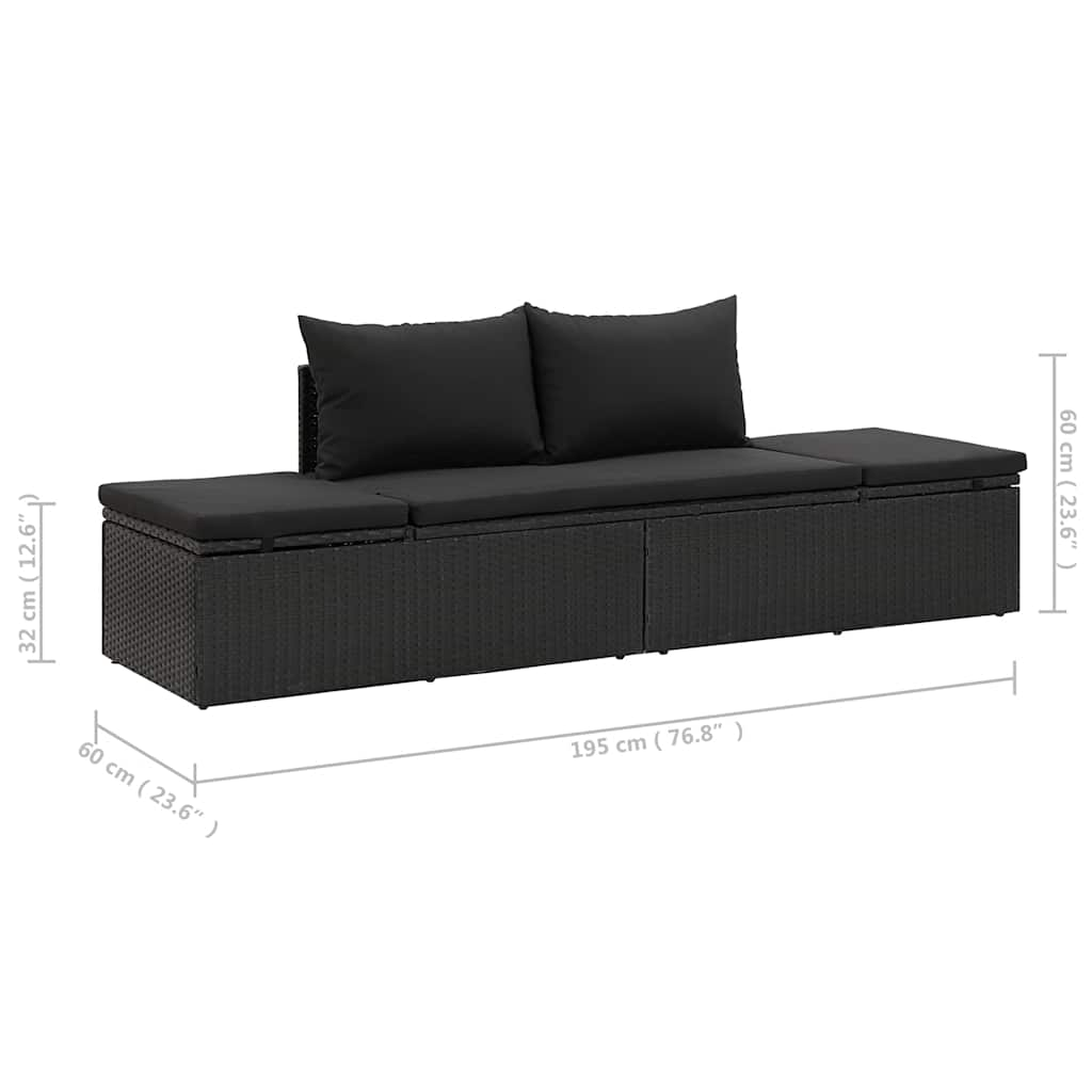 Sonnenliege mit Auflage Poly Rattan Schwarz