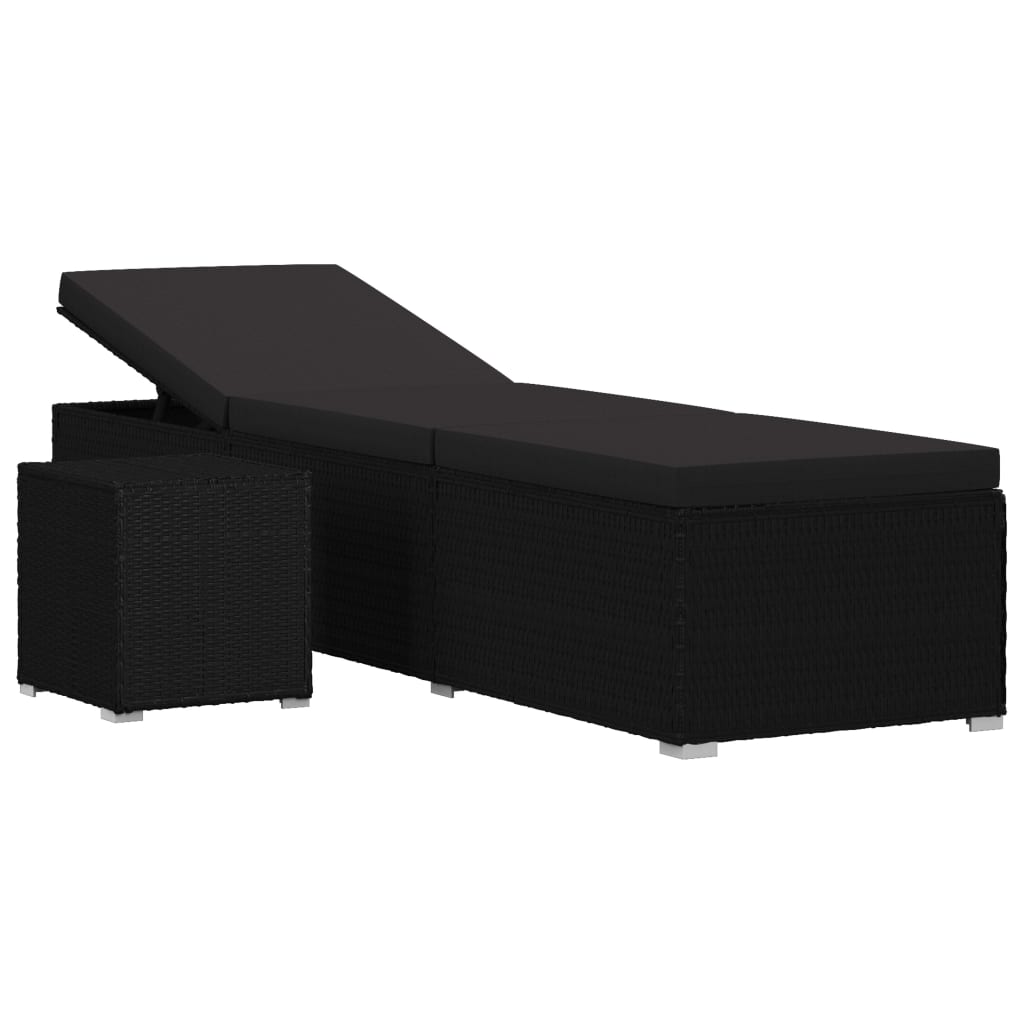 Bain de soleil avec coussin et table à thé poly rotin noir