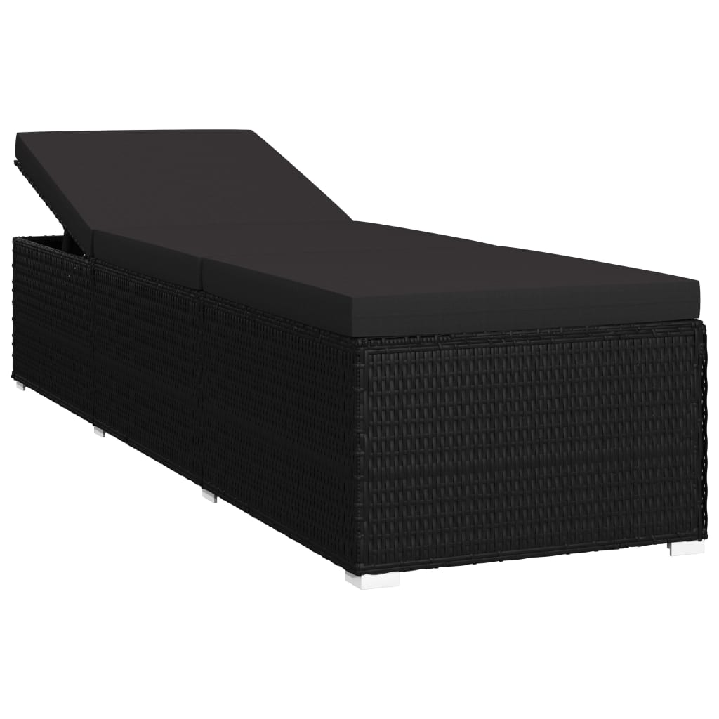 Bain de soleil avec coussin et table à thé poly rotin noir