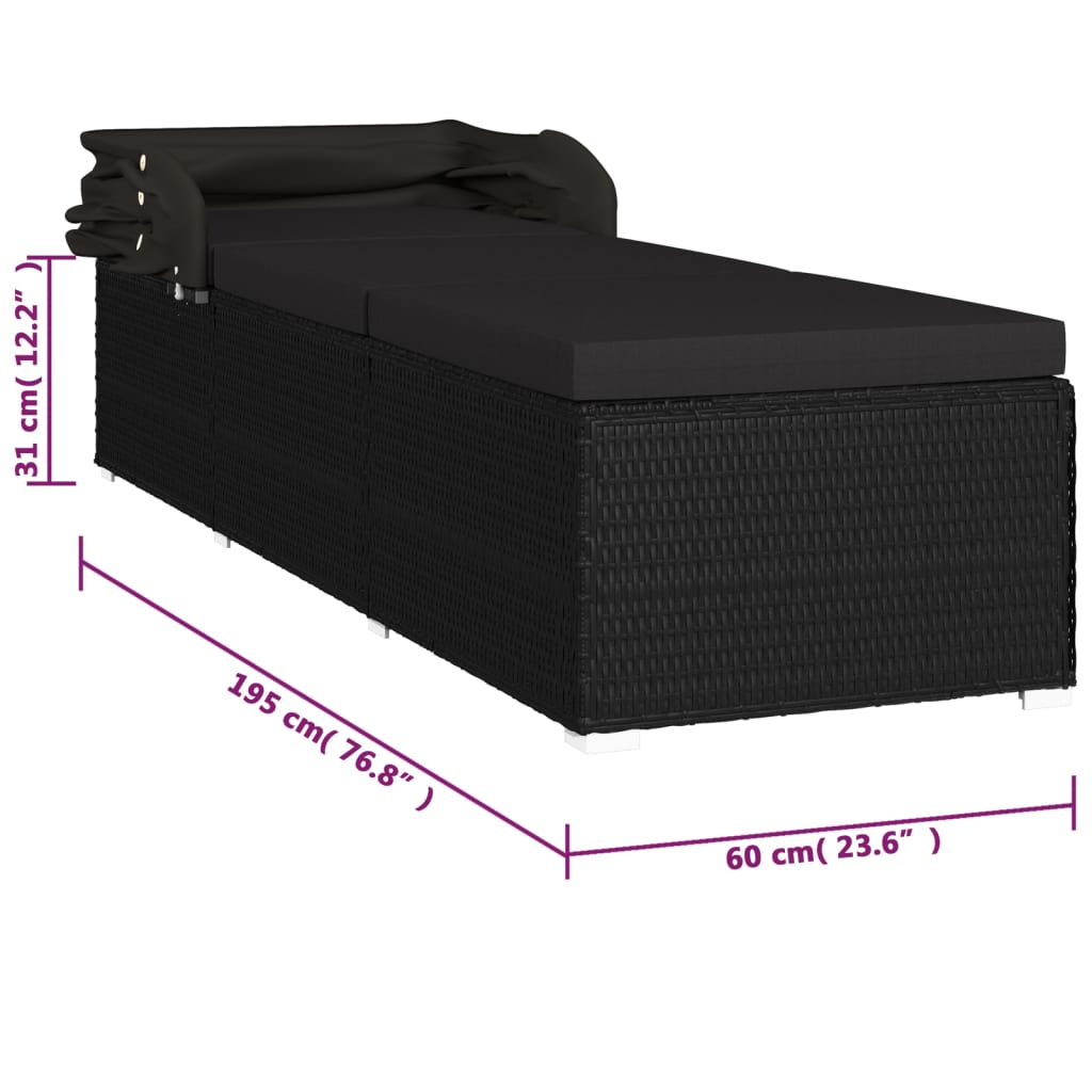 Bain de soleil avec protection solaire et coussin poly rotin noir