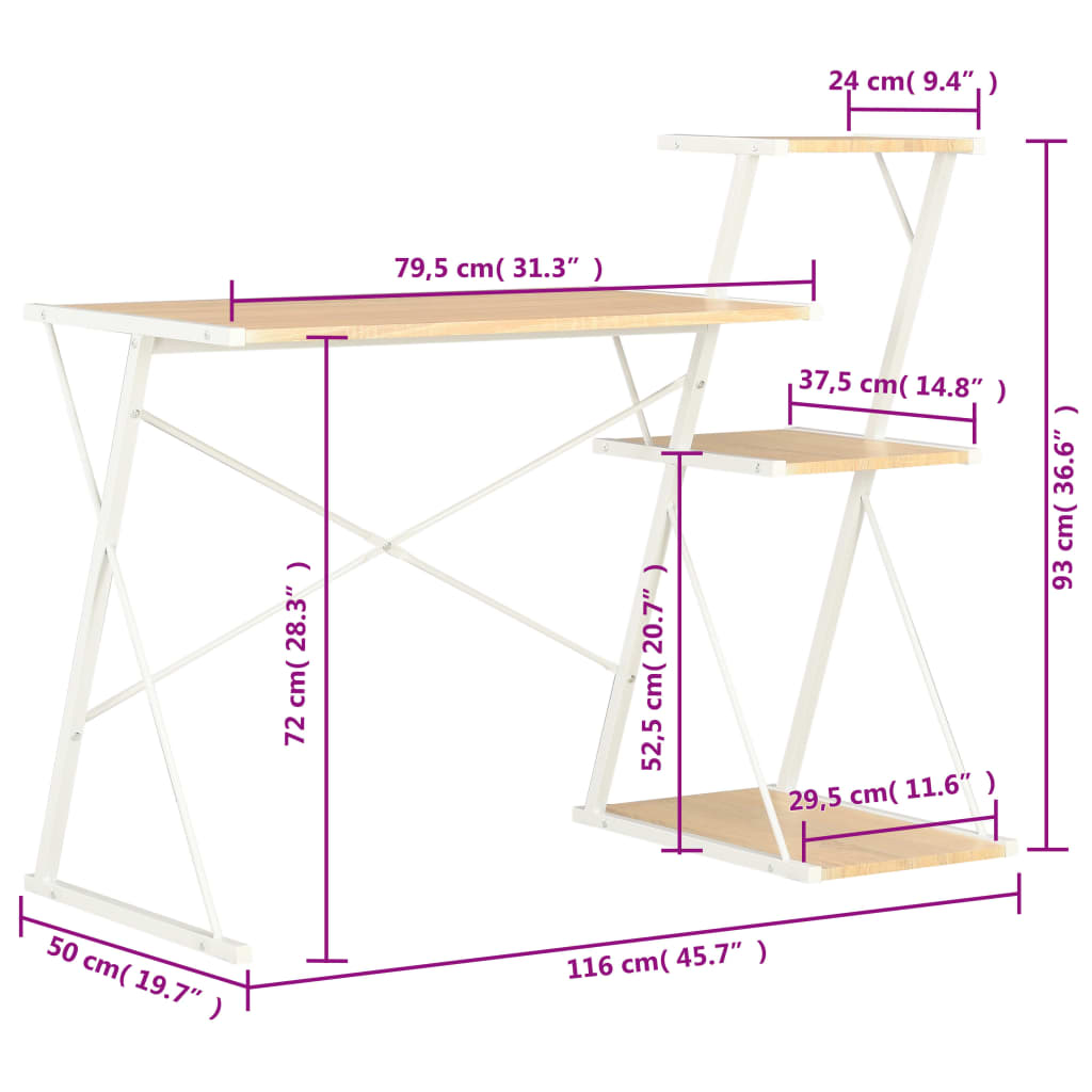 Schreibtisch mit Regal Weiß und Eiche 116×50×93 cm