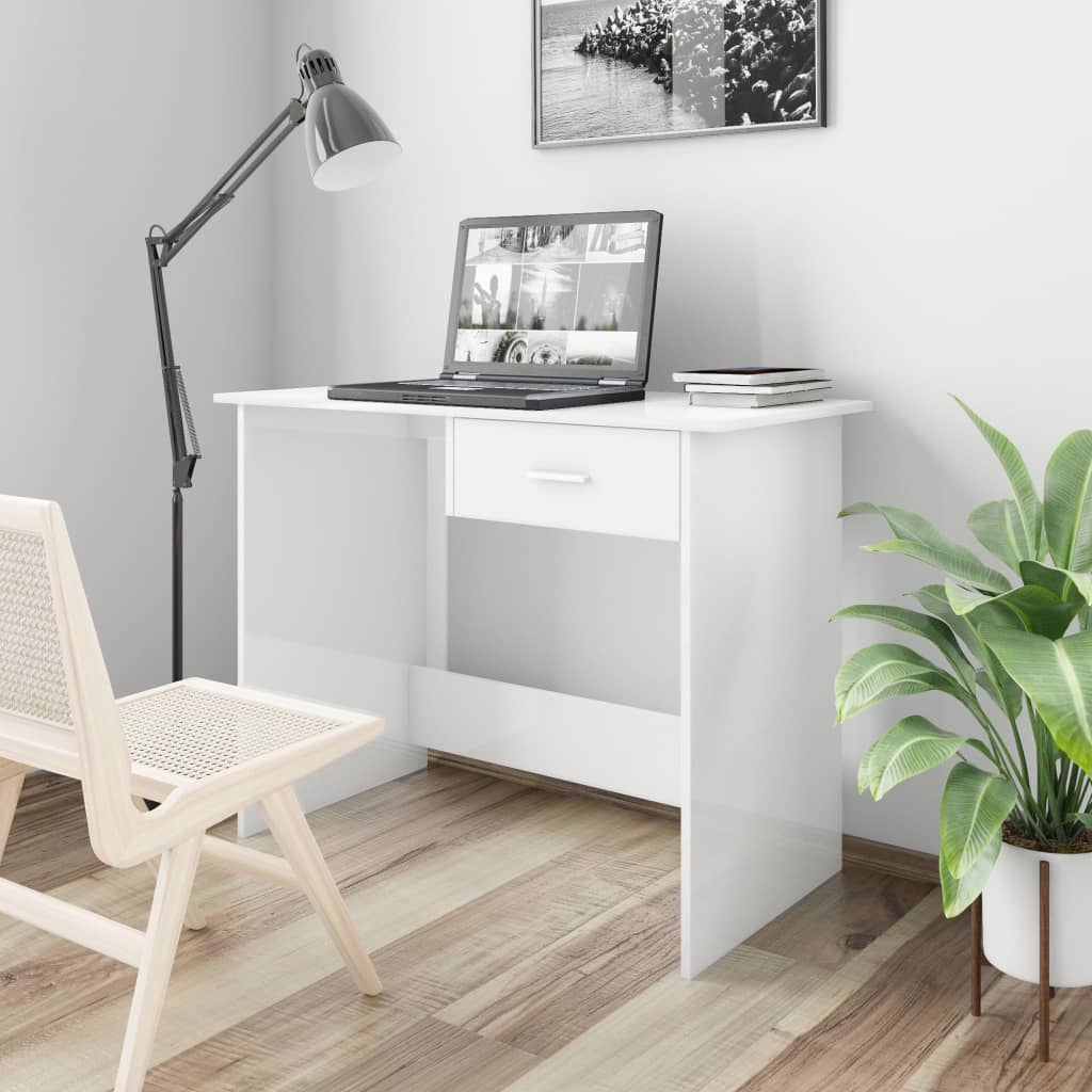 Bureau blanc brillant 100×50×76 cm en bois