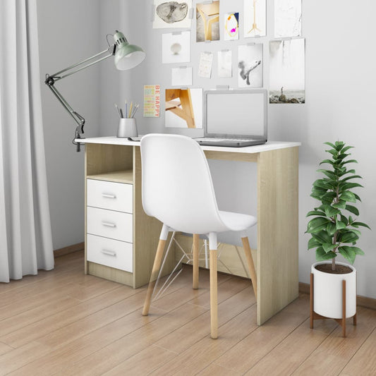 Schreibtisch mit Schubladen Weiß Sonoma-Eiche 110x50x76 cm