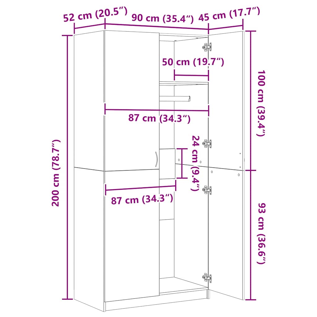 Kleiderschrank Sonoma-Eiche 90x52x200 cm Holzwerkstoff