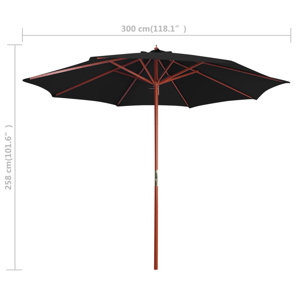 Parasol avec mât en bois 300 x 258 cm noir