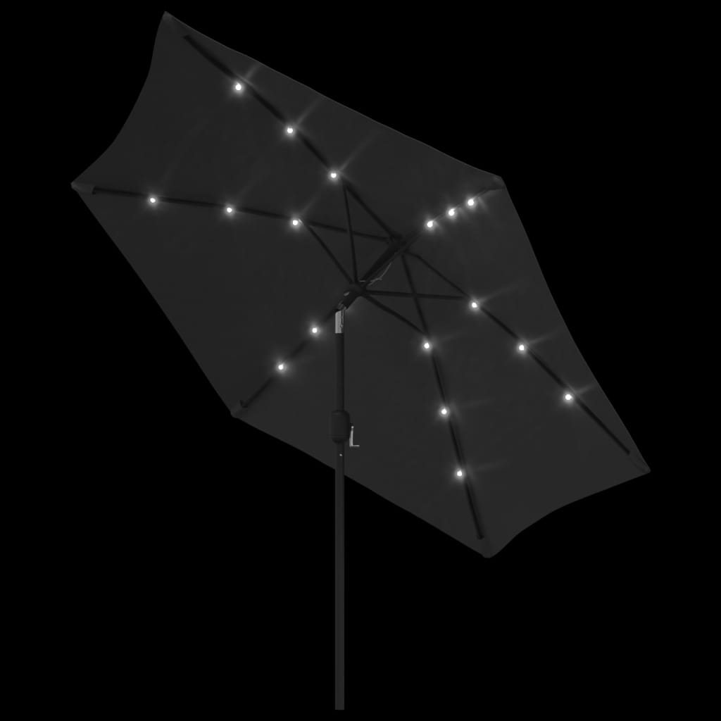 Parasol avec lumières LED et mât en acier 300 cm noir